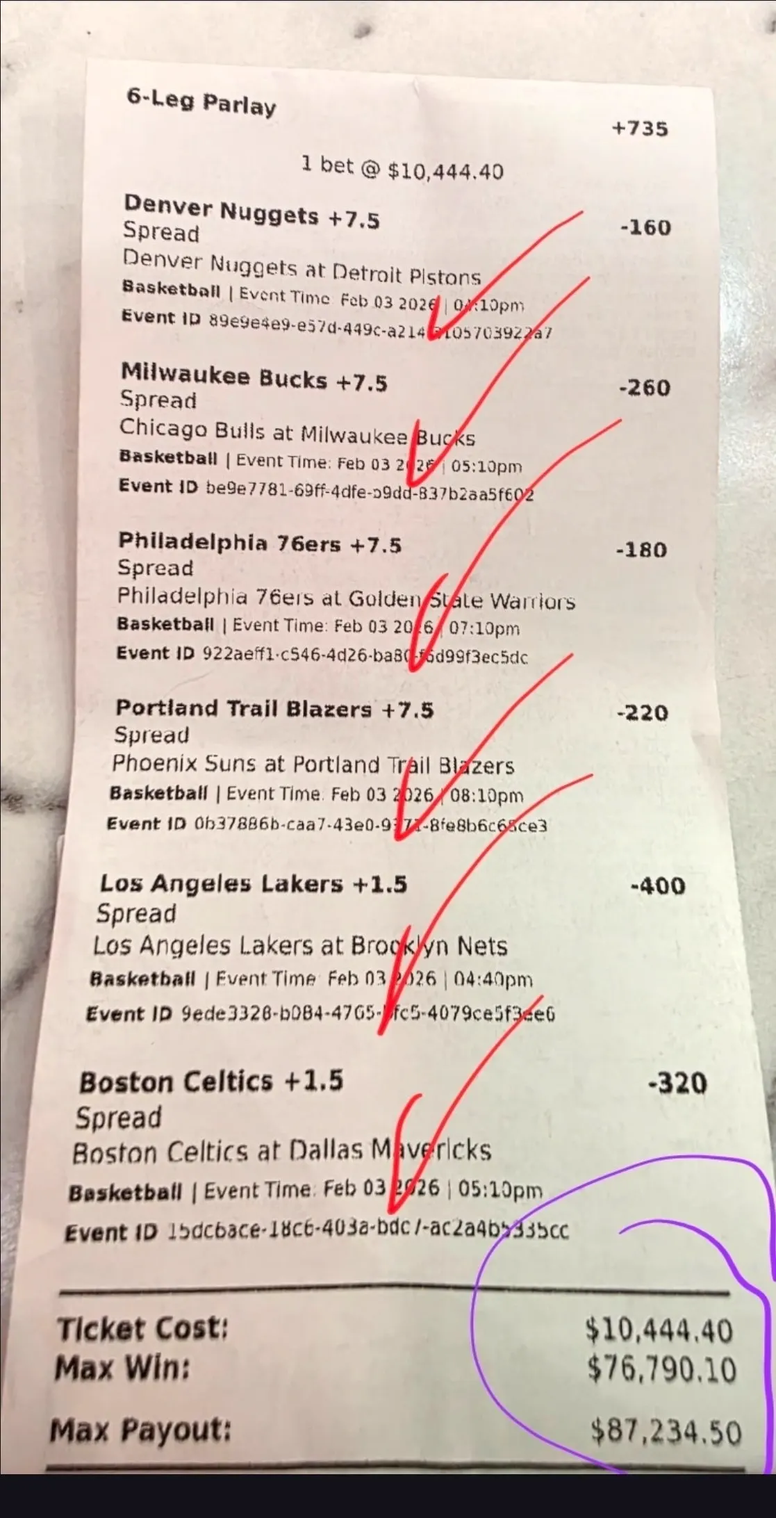 Marked six-leg parlay ticket with circled max payout