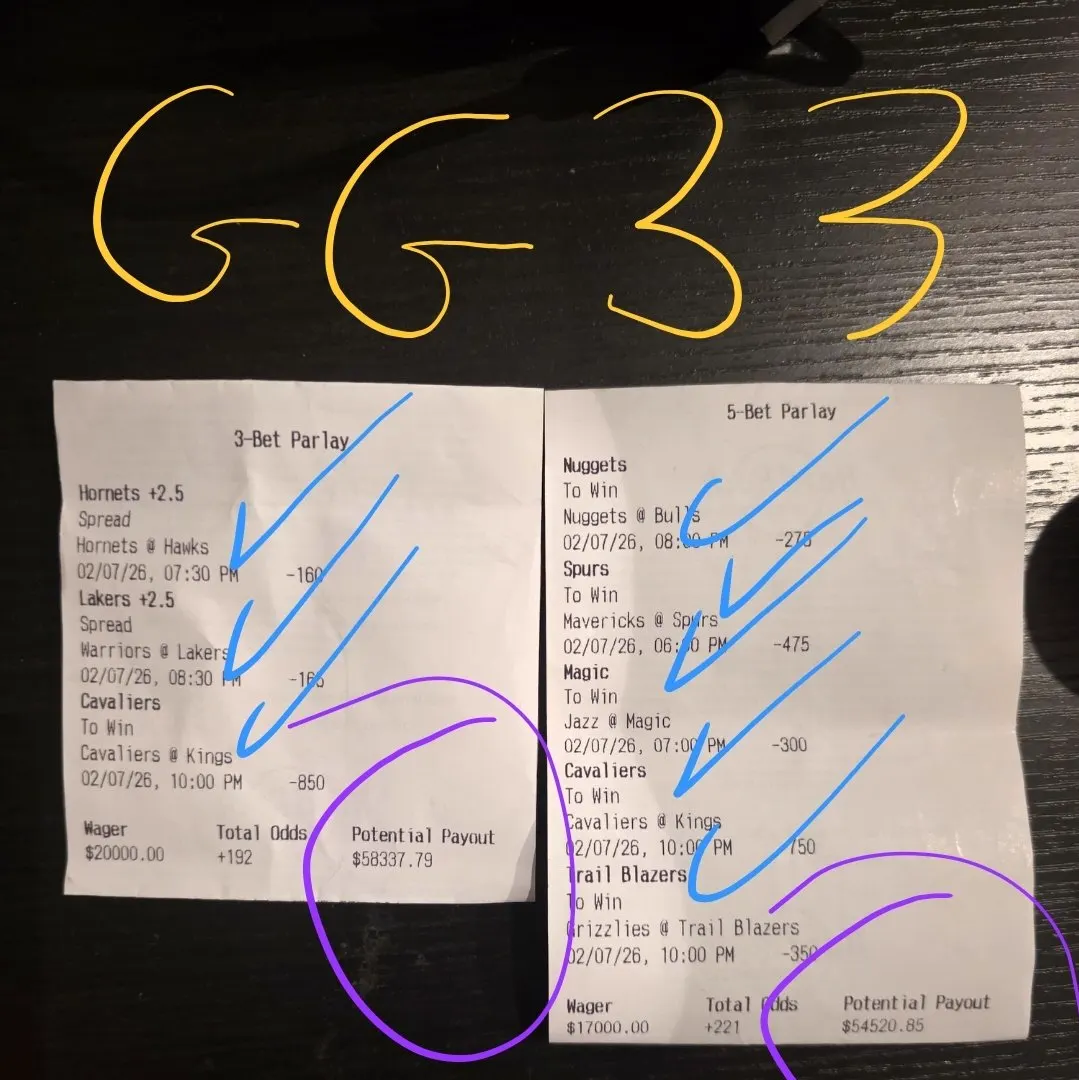 Two GG33 marked parlay tickets with circled payout totals