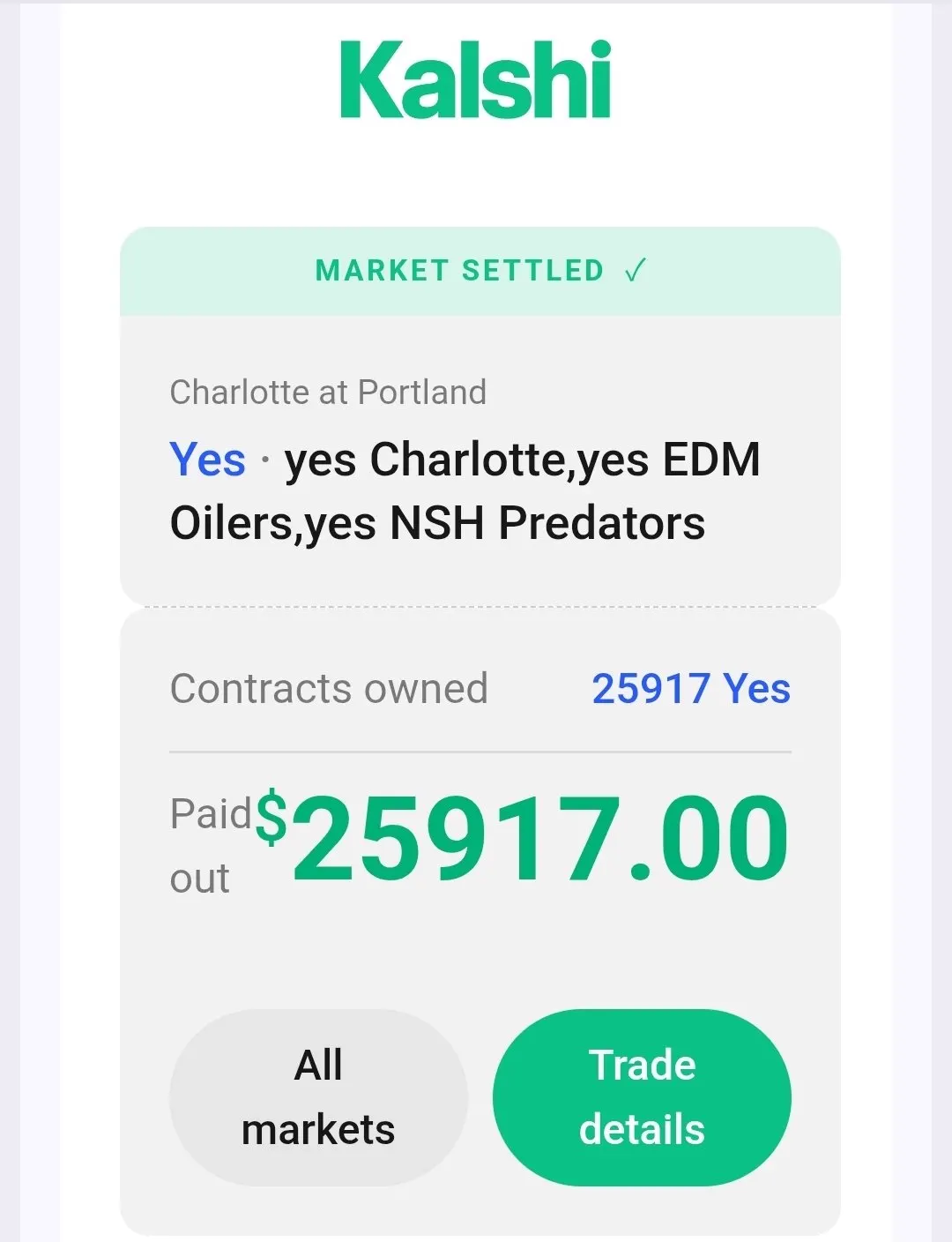 Kalshi settled market payout screenshot
